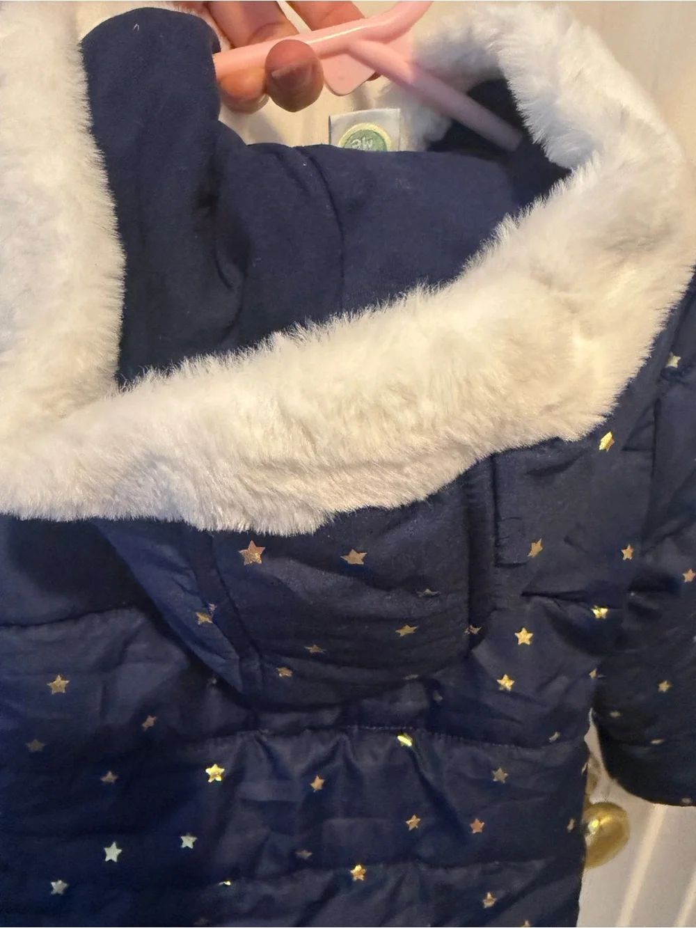 Carters Little Me Navy Gold Star White Faux Fur Ruffle Puffer Coat 24 Months